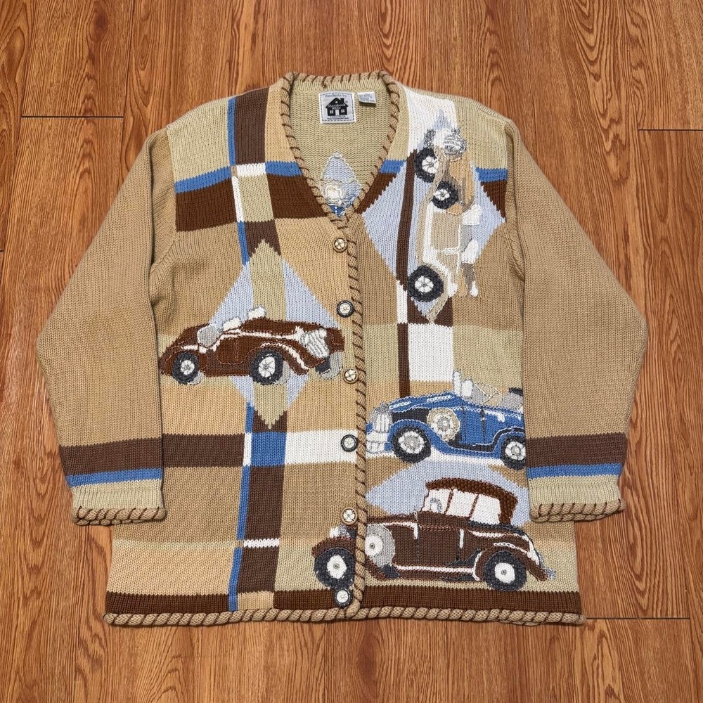 Storybook Knits Women's Cardigan 1X Vintage Cars Brown Grandma Cottage Core